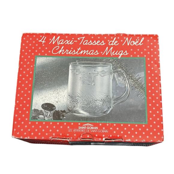 VTG Christmas Holiday Mugs (4) Duralex Saint-Gobain Maxi-Tasses De Noel Glass - Picture 3 of 7